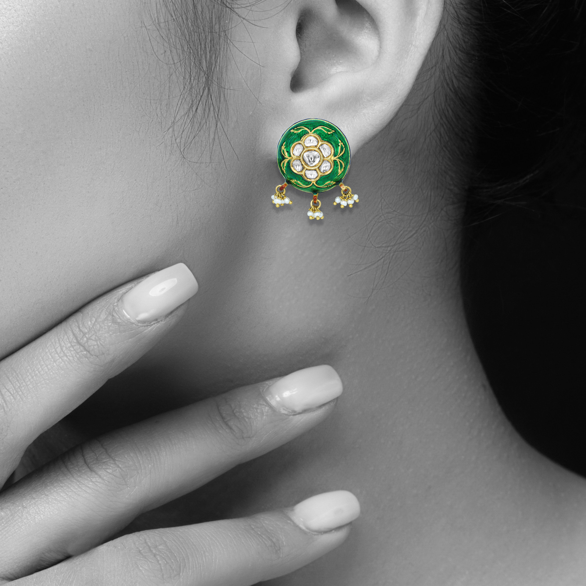 Green Enamel Earrings with Polki Floral Motifs and Pearl Drops